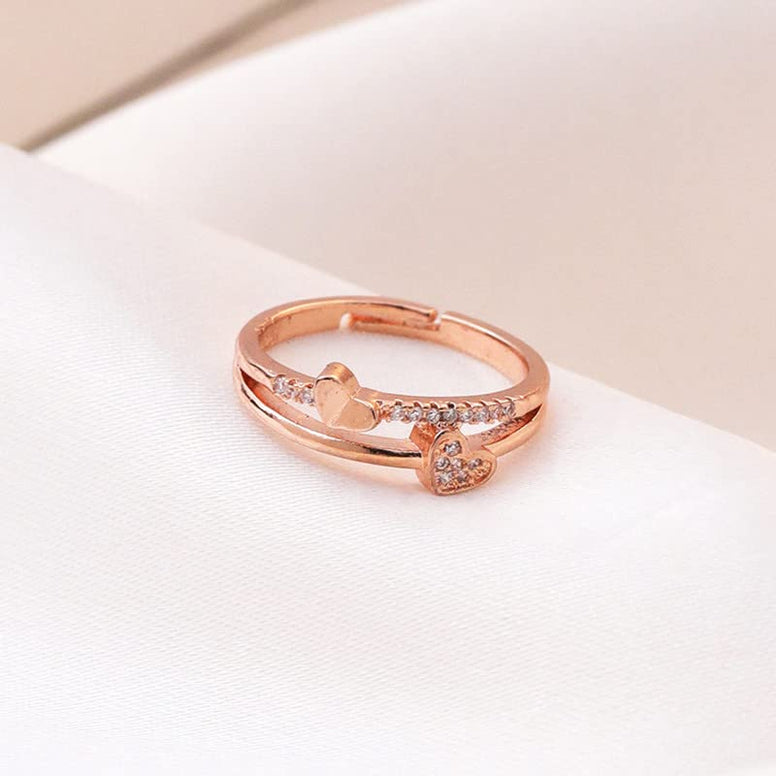 Yellow Chimes Exclusive valentine's Collection Love Sparkling Dual Heart Cubic Zirconia RoseGold Plated Adjustable Rings for Women And Girl's