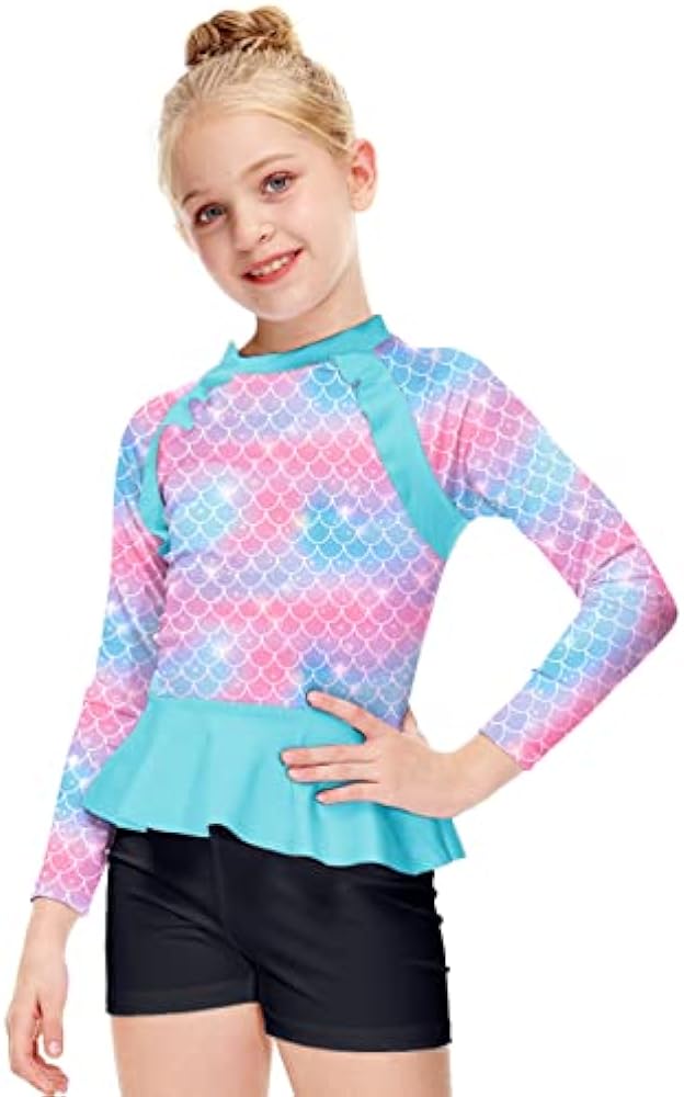 AOBUTE Girls Rash Guard Shirt Raglan Long Sleeve Ruffle Hem Swim Tops 3-12 Years