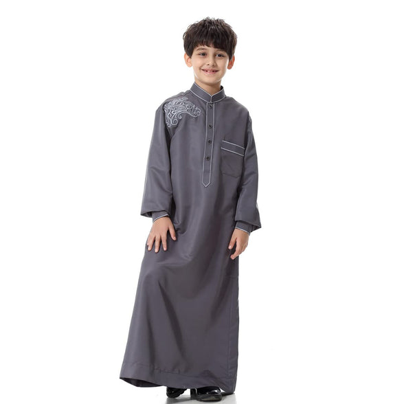 ODIZLI Arabic Thobe Muslim Thobe Long Sleeve Kaftan Crew Collar Robe with Zipper for Boy Solid Color/Embroidery/Stripe Print