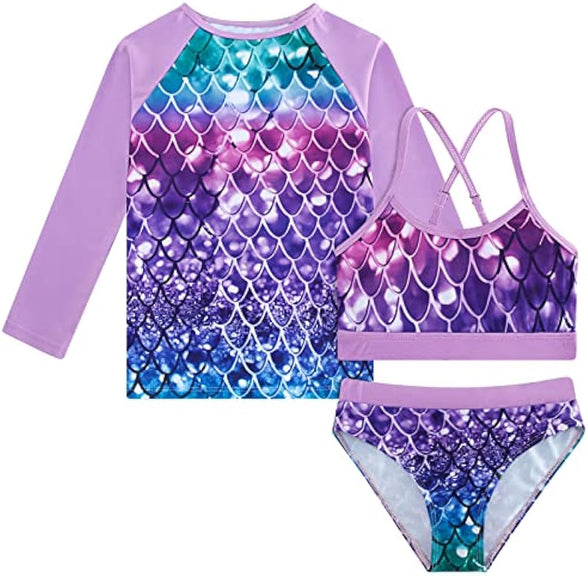 Vogseek Rash Guard Swimwear Girls 3-Piece Short Sleeve Swimsuit Kids Bathing Suit UPF 50+ Quick Dry Bikini Girls 7T-13T