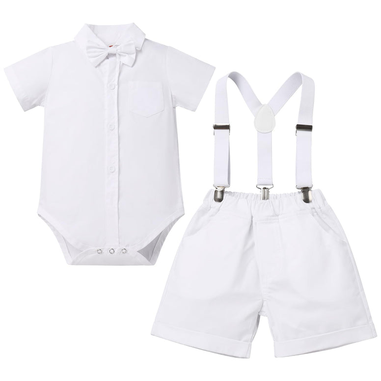 Baby Boys Formal Suit Set Short Sleeve Bowtie T-Shirt Suspenders Shorts Pants Wedding Tuxedo Outfits Cake Smash Clothes 0-6M