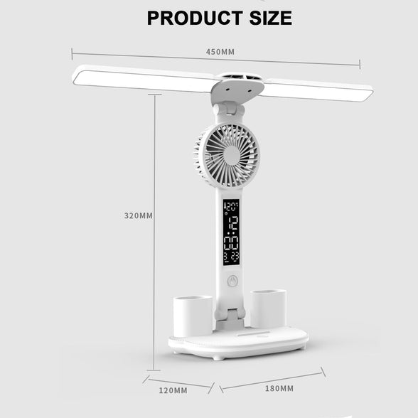 Foldable Double Head Led Fan Desk Lamp,USB Rechargeable Reading Lamp with Digital Temp, Time, Date, Pen Holders 3 Color Modes and Infinite Dimming, Double Swing Arm Desk Lamp,for Reading, Home