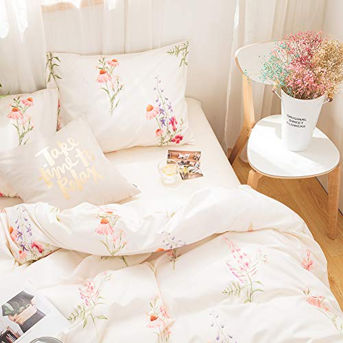 Merryword Botanical Floral Comforter Set Pink Flowers Comforter Set Pink Lavender Flowers Printed Soft Microfiber Pastoral Style Bedding Queen 1 Comforter 2 Pillowcases (Queen, Offwhite)