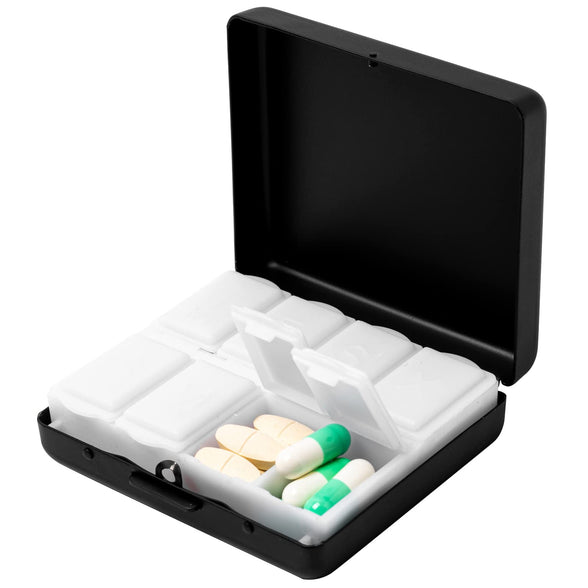 Portable Metal Travel Medicine Box 8 Compartments (Black)