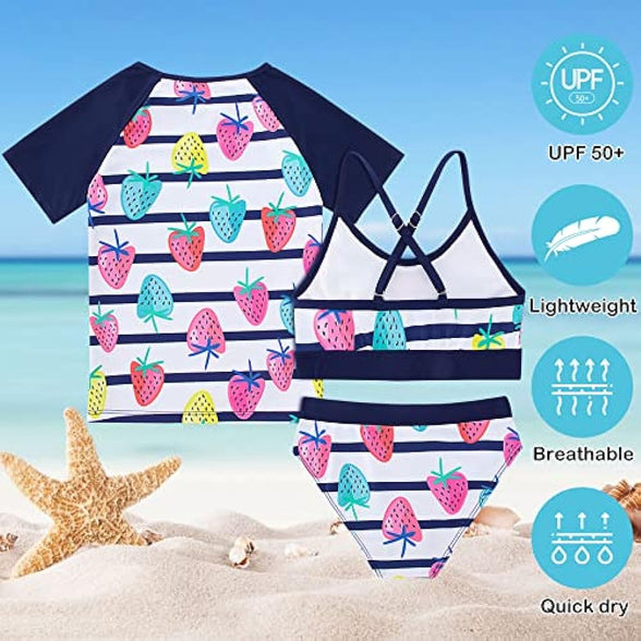 Vogseek Rash Guard Swimwear Girls 3-Piece Short Sleeve Swimsuit Kids Bathing Suit UPF 50+ Quick Dry Bikini Girls 7T-13T