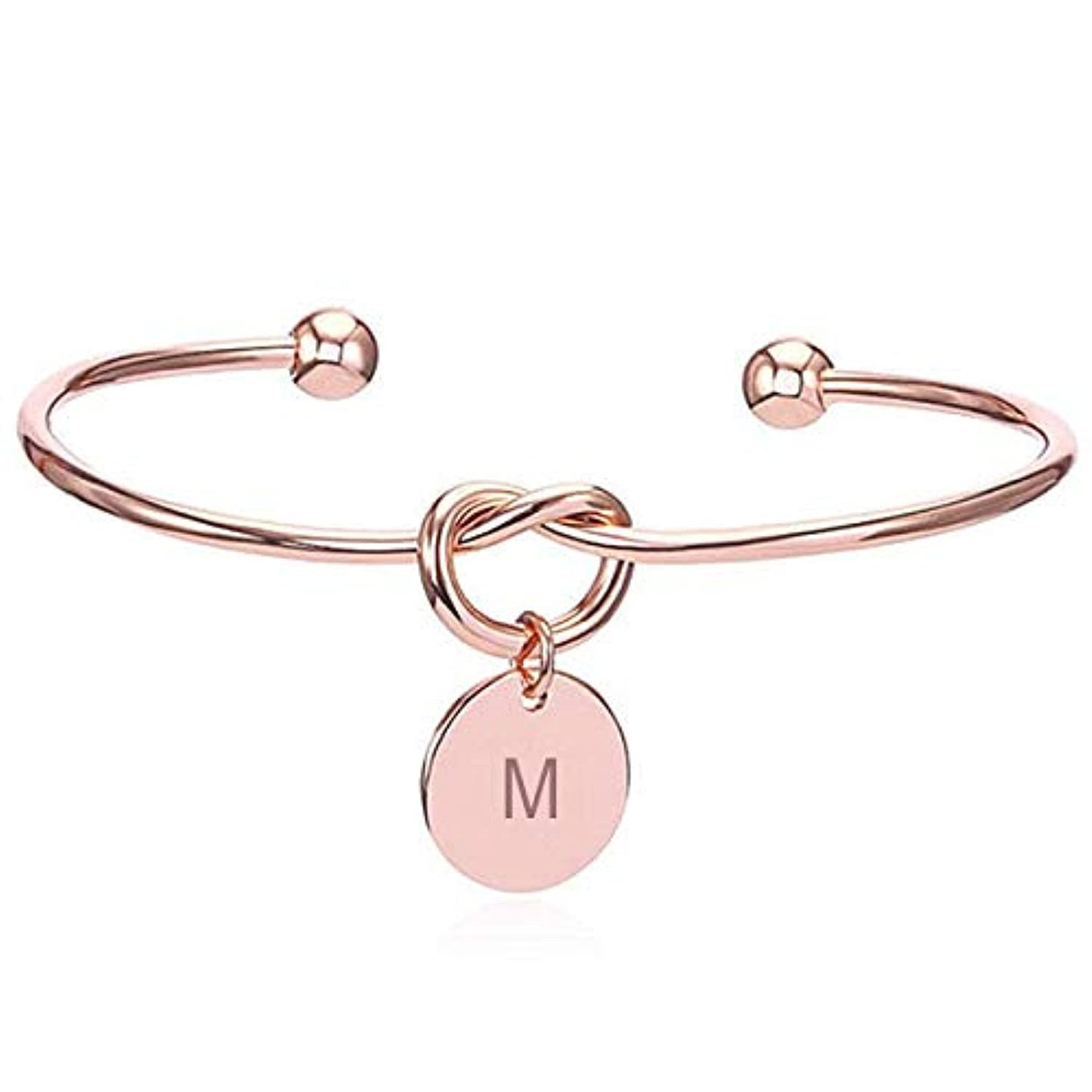Yellow Chimes Rose Gold Plated Charming Knot Heart Alphabet Letter's 'M' Initial Cuff Bangle Love Proposal Bracelet for Women and Girls