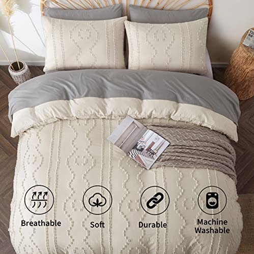 BEDAZZLED Duvet Covers Queen Size,3pcs Soft and Embroidery Shabby Chic Boho Bedding Sets,100% Washed Microfiber Tufted Comforter Cover Set,Beige