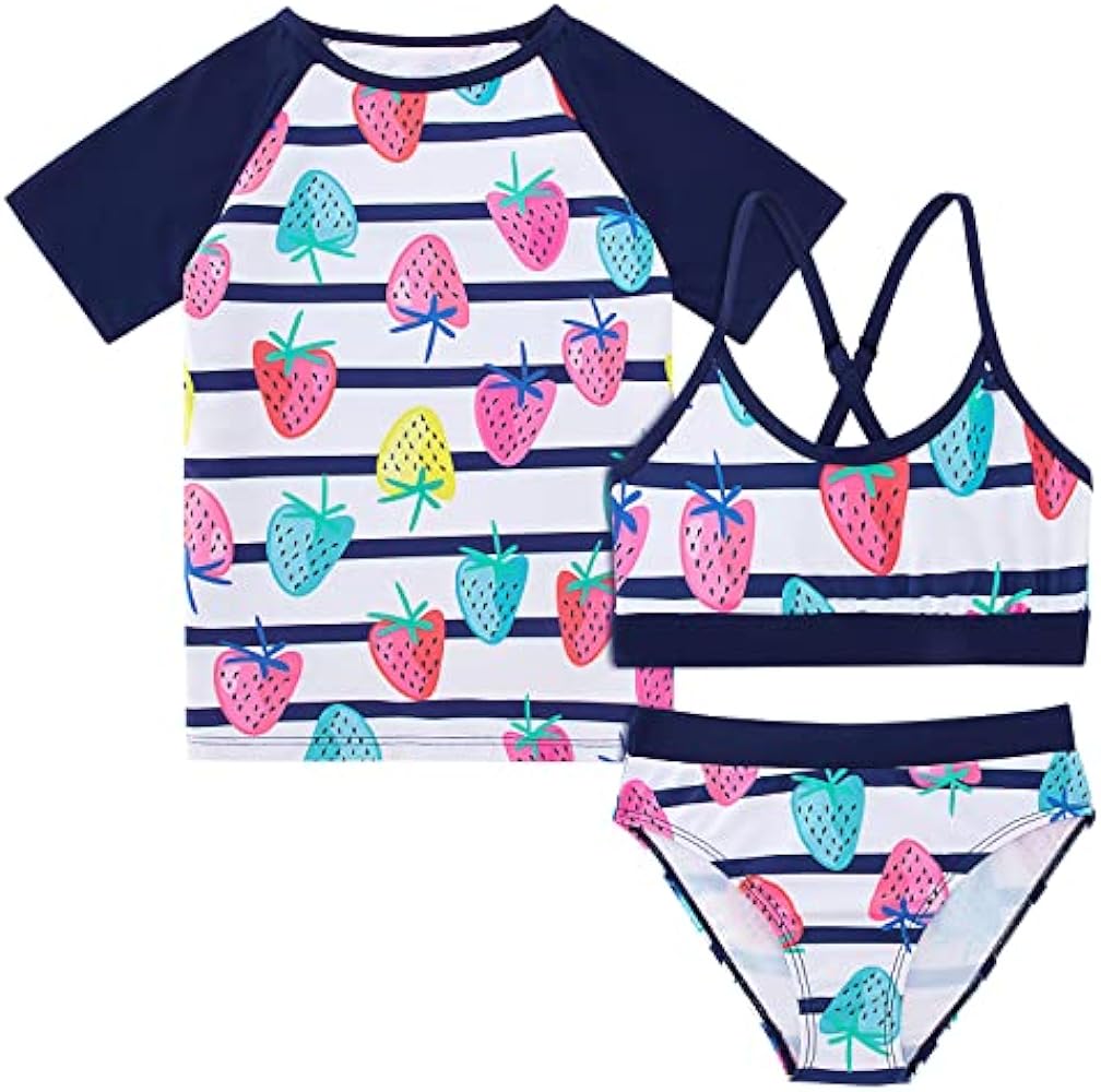 Vogseek Rash Guard Swimwear Girls 3-Piece Short Sleeve Swimsuit Kids Bathing Suit UPF 50+ Quick Dry Bikini Girls 7T-13T