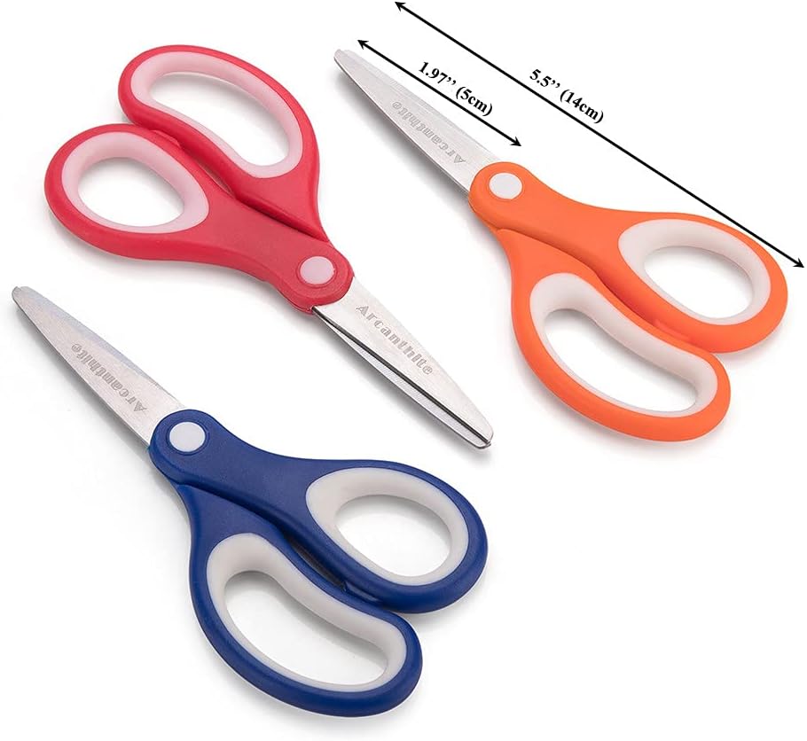 Arcanthite Kids Scissors (24 Count Teacher Pack, Rounded-tip, 14 cm) - 5.5'' Soft Touch Blunt School Student Scissors Shears AT-003-R24