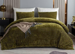 ZUBISU Olive Green Comforter Set Queen, 3pcs Reversible Boho Ball Pom Fringe Aesthetic Fir Green Striped Velvet Comforter Set Quilt with Pom Poms, Modern Elegant Cozy Fluffy Bedding Set for Women Men