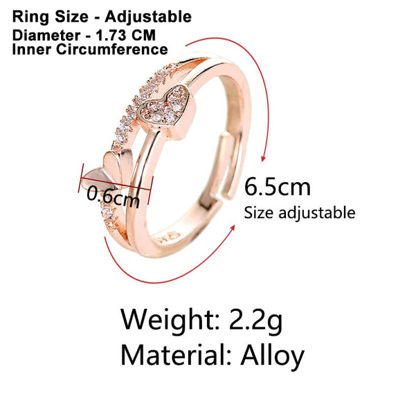 Yellow Chimes Exclusive valentine's Collection Love Sparkling Dual Heart Cubic Zirconia RoseGold Plated Adjustable Rings for Women And Girl's