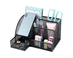 FATI Desk Organizer Mesh Pen Holder with 6 Compartments and 1 Drawer Stationery Organizers for Home Office School Classroom Multifunctional