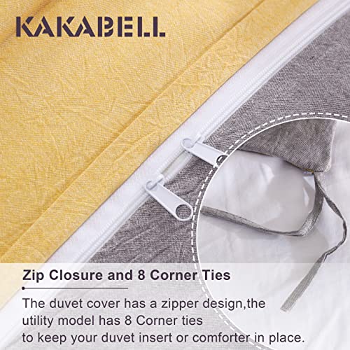 KAKABELL 100% Washed Cotton Linen Duvet Covers Set,Luxury Soft and Breathable Portable Openings 3 Piece Bedding Set,1200 Thread Count,with 8 Corner Ties 90x90 Inches(Light Yellow Grey,Full/Queen)