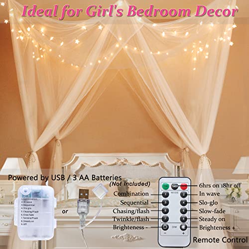 Obrecis White Bed Canopy with Lights for Girls Bedroom Decor, 8 Corner Princess Canopy Bed Curtains with Warm White LED Star String Lights Remote Control Canopy for Bed Twin Full Queen King Size Bed