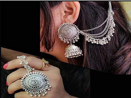 Shining Diva Fashion Latest Oxidised German Silver Antique Design Stylish Traditional Maang Tikka Jhumka Earrings Jewellery Set for Women