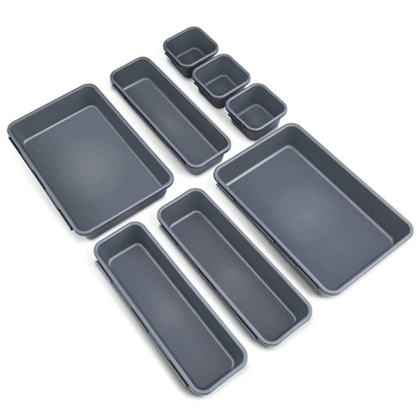 CLOUDFOUR Interlocking Desk Drawer Organizer Tray Dividers, Drawer Organizers Storage Bins Container for Kitchen Utensils, Bathroom, Makeup, Jewelries, Medicine, Pens, and Gadgets 8 pcs (Grey)