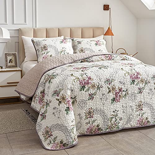 Flysheep 3 Pieces Quilt Set King Size, Beige Floral Reversible Bedspread Coverlet Set, Soft Microfiber Lightweight Bed Cover for All Season (102" x 90", 1 Quilt+ 2 Pillow Shams)