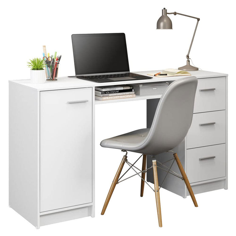 MADESA Home Office Computer Writing Desk with 3 Drawers, 1 Door and 1 Storage Shelf, Wood, 136 W x 77 H x 45 D Cm – White