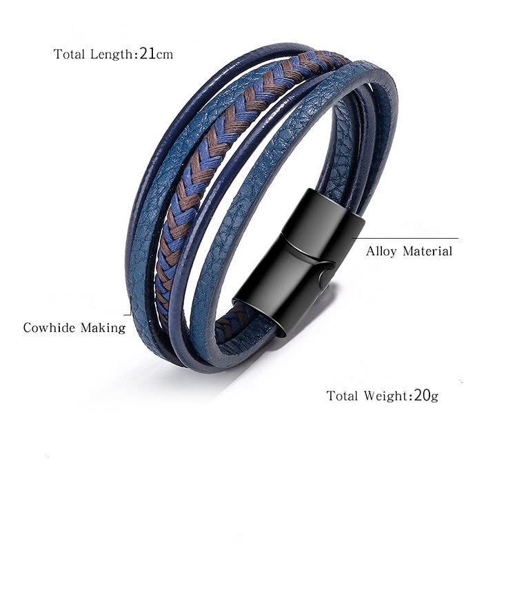 Goodern Mens Leather Bracelet Cowhide Braided Leather Mens Bracelet Leather Bangles Magnetic-Clasp Braided Multi-Layer Wrap Mens Bracelet Blue Braided Leather Wristband Bracelet Great Gift for Men