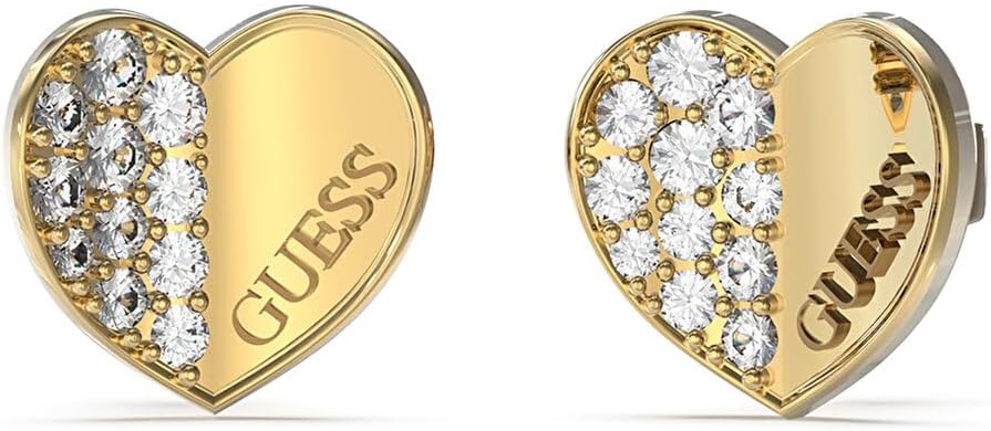 Guess Women's 12 mm Plain and Pave Heart Studs Earrings, Yellow Gold