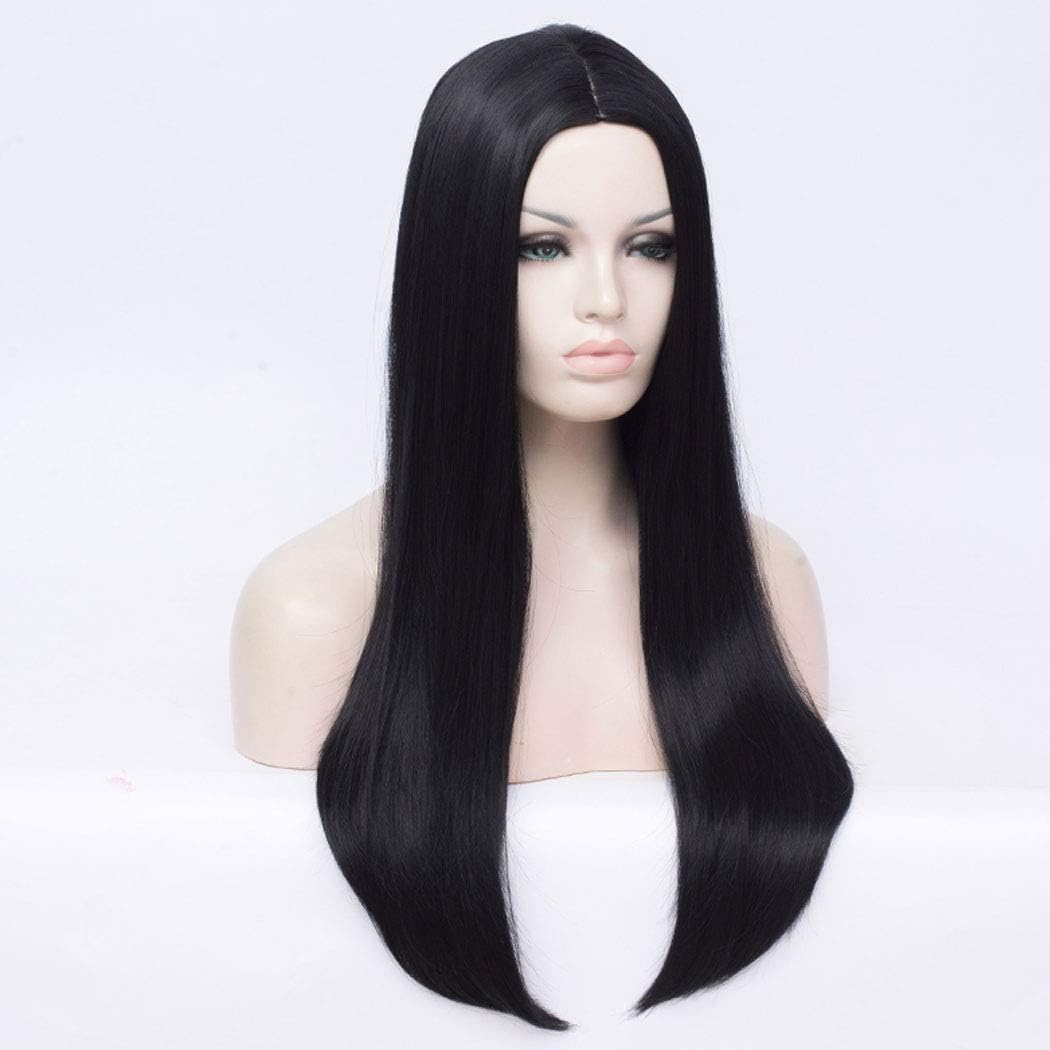 (Black) - Long Black Wig Qaccf 70cm Women's Long Straight Middle Part Synthetic Halloween Costume Full Wig (Black)