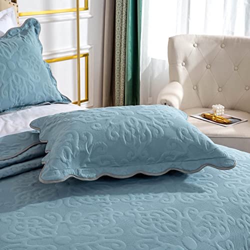 Oversized King Bedspreads 128x120 for Extra Tall King/California King Bed Lightweight Quilted Coverlet Set 3 Pieces 1 Quilt 2 Pillow Shams Spa Blue