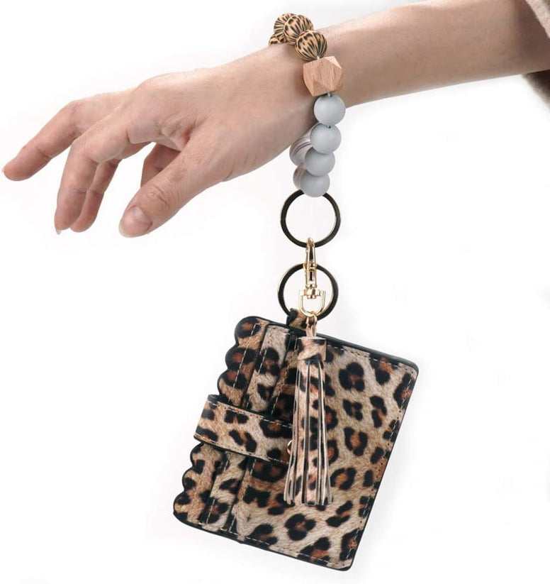 Goodern Keychain Wristlet Keychain Bracelet,Silicone Beaded Key Ring Bracelet with Card Holder,Keychain Wallet PU Leather Tassel Keychain for Car Keys,Elastic Keyring Bangle for Women Girls-Leopard