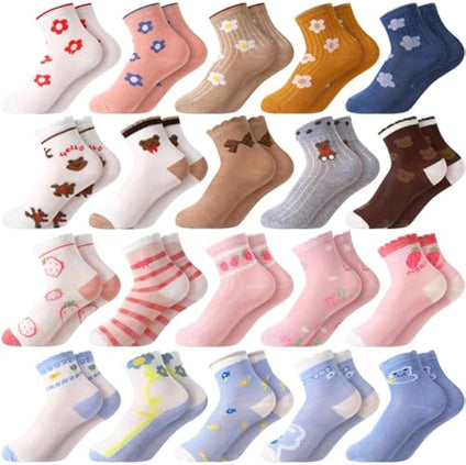 Bencailor 20 Pairs Cartoon Pattern Crew Socks Princess Patterns Ruffle Crew Socks Cotton Cute Socks for Kids Girls