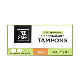 Pee Safe 100% Organic Cotton Tampons | Biodegradable, Regular Absorbency (Pack of 16)