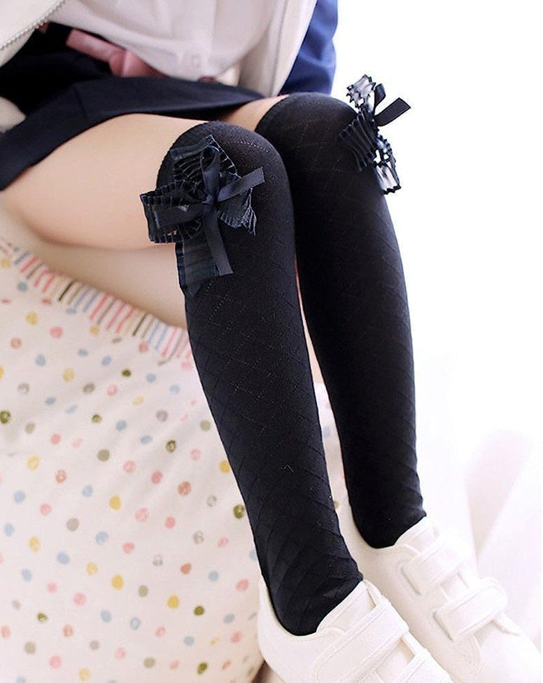 Girls Stockings, 4 Pairs Girl's Knee High Socks Over Calf Kids Overknee Stockings Bow Style,Lace Stocking Knit Knee High Cotton Socks for 2-12 Years