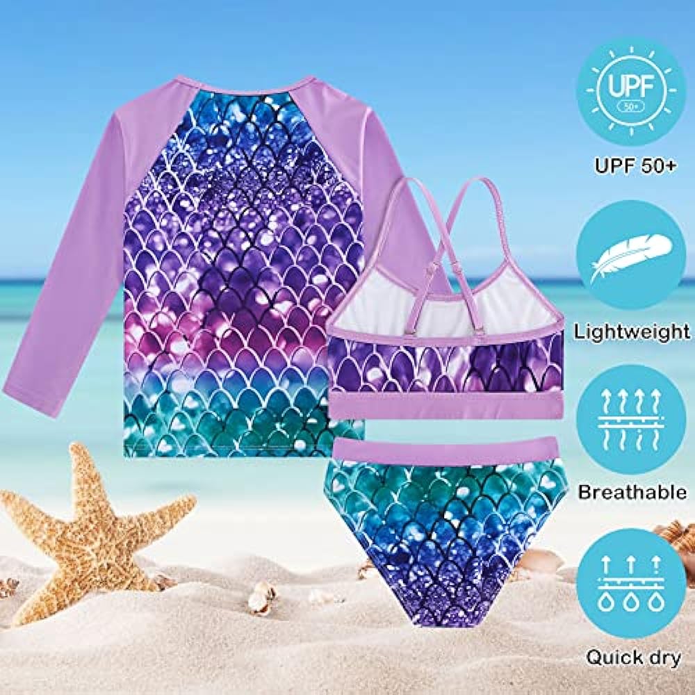 Vogseek Rash Guard Swimwear Girls 3-Piece Short Sleeve Swimsuit Kids Bathing Suit UPF 50+ Quick Dry Bikini Girls 7T-13T