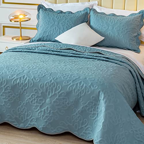 Oversized King Bedspreads 128x120 for Extra Tall King/California King Bed Lightweight Quilted Coverlet Set 3 Pieces 1 Quilt 2 Pillow Shams Spa Blue