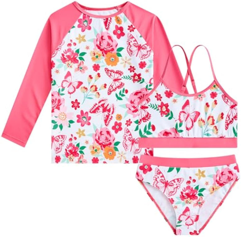 Vogseek Rash Guard Swimwear Girls 3-Piece Short Sleeve Swimsuit Kids Bathing Suit UPF 50+ Quick Dry Bikini Girls 7T-13T