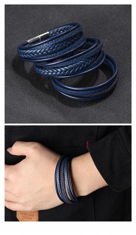 Goodern Mens Leather Bracelet Cowhide Braided Leather Mens Bracelet Leather Bangles Magnetic-Clasp Braided Multi-Layer Wrap Mens Bracelet Blue Braided Leather Wristband Bracelet Great Gift for Men