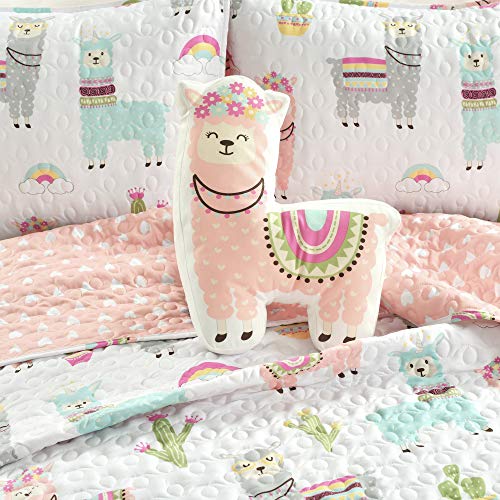 Lush Decor Southwest Llama Cactus Reversible Print 4 Piece Quilt Set, White & Blush, Full/Queen