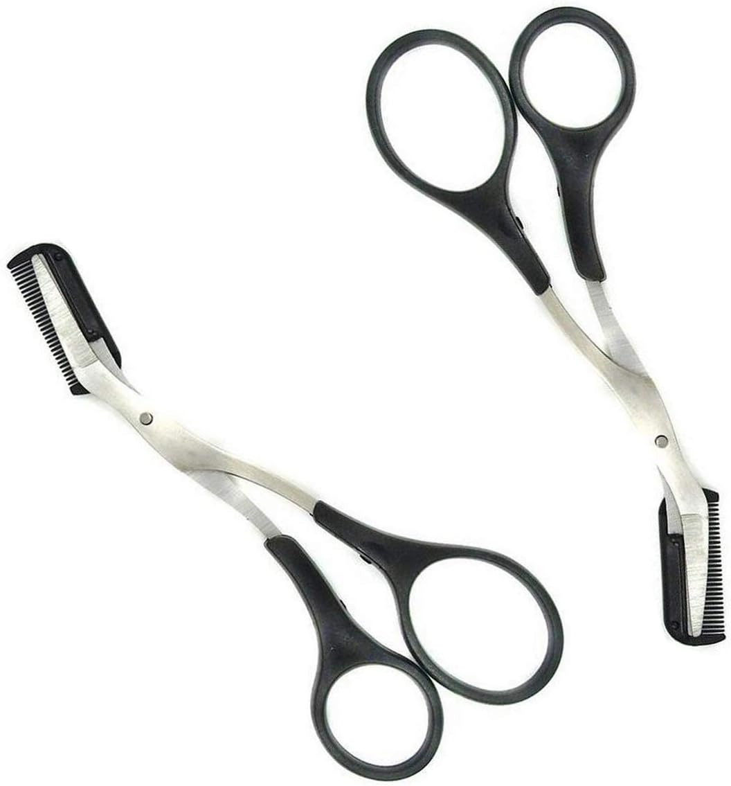 2Pcs Curved Eyebrow Trimmer Eyebrow Shear Scissors Eyelash Hair Scissors Cutter Remover Tool Eyebrow Grooming Tool With Comb and Non Slip Finger Grips for Women Men Makeup Eyebrow Eyelash Trimming