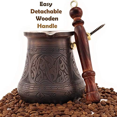 PCA Series (XXLarge-28fl.oz) - Thickest Solid Engraved Antique Copper Turkish Greek Arabic Coffee Pot Heavy Duty with Wooden Handle Stovetop Coffee Maker Jazzve Cezve Ibrik Briki