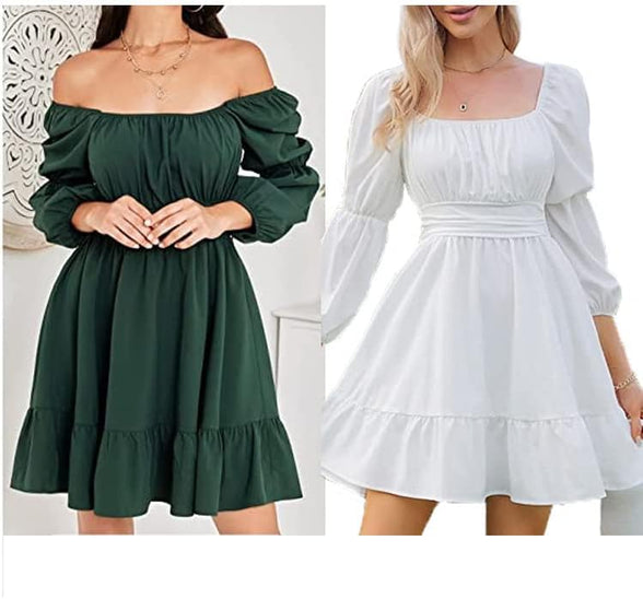 Womens Casual Dresses Square Neck Dress Puff Slevee Bow Smocked Flowy Off-Shoulder Ruffle Swing Flounce Dresses