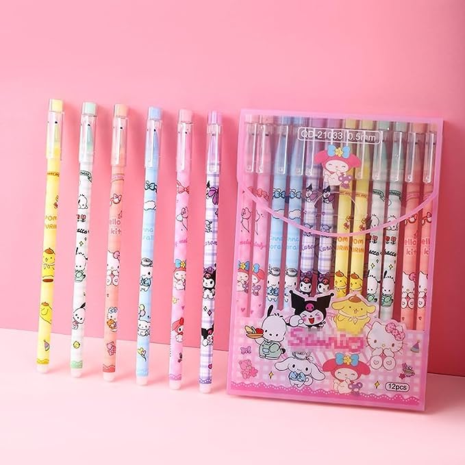 12 PCS Cartoon Sanrio Ballpoint Pens, Anime Gel Ink Pen Black 0.5mm Melody Gifts, Cute Kawaii Office School Supplies Set For Kid Teen Girls Students