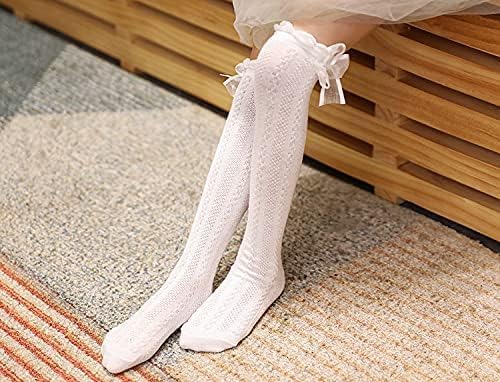 Girls Stockings, 4 Pairs Girl's Knee High Socks Over Calf Kids Overknee Stockings Bow Style,Lace Stocking Knit Knee High Cotton Socks for 2-12 Years