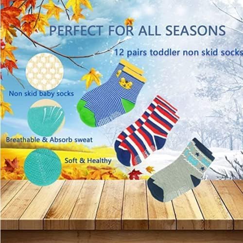 12 Pairs Non Slip Toddler Baby Socks Boys Girls Kid Non Skid Sticky Crew Socks with Grips Random Design