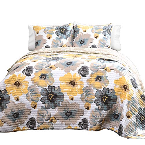 Lush Decor Leah 3 Piece Floral Reversible Quilt Set, King, Yellow & Gray