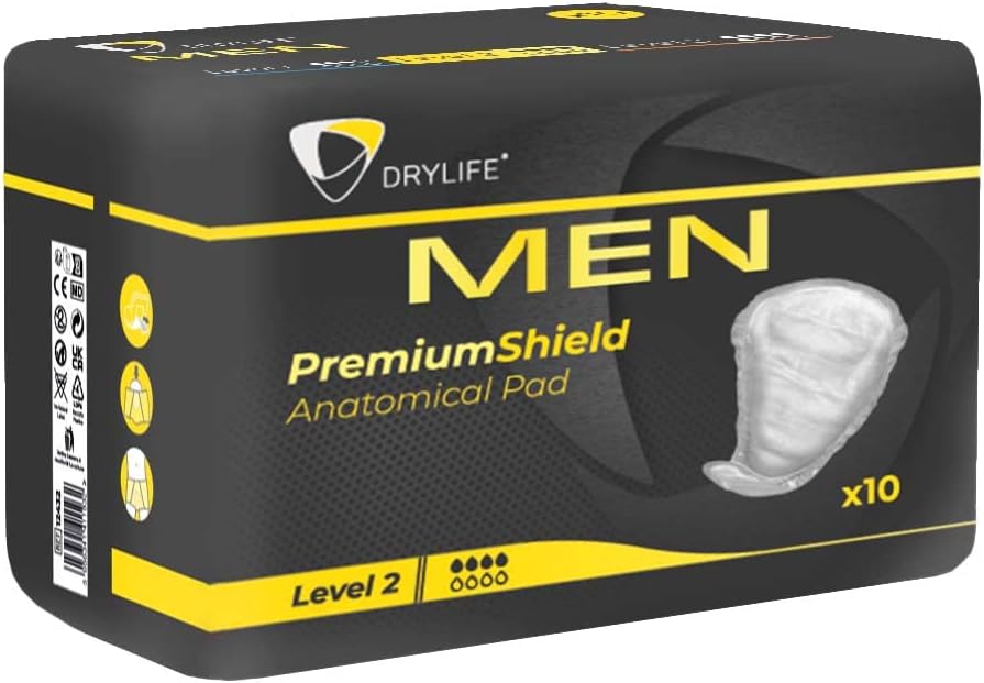 Drylife Men Level 2 Premium Shield Incontinence Pads for Bladder Weakness | Ultra Protection, Discreet Male Design & Active Odour Control for Men (1 Pack of 10)