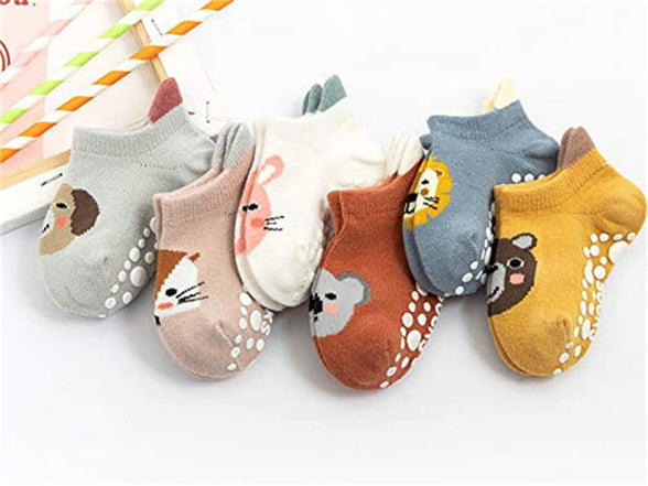 ELECDON Baby Non Slip Warm Socks, ELECDON 6 Pairs Baby Non Slip Grip Cotton Cartoon Animal Ankle Socks with Non Skid Soles for Newborn Toddler Boy Girl, 18 Months, Multi