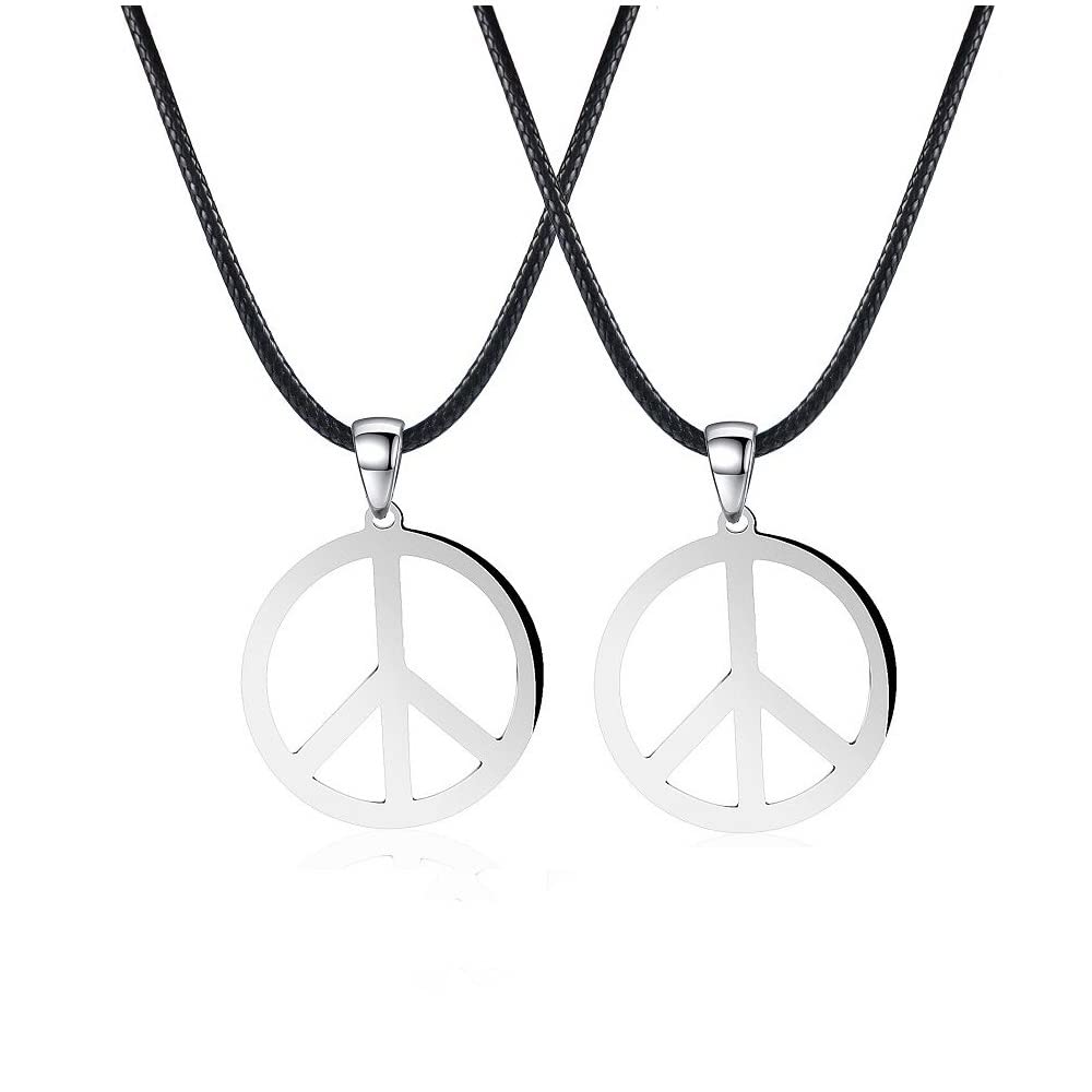 2 pcs/Bag Stainless Steel Peace Sign Pendant Necklace Hippie Party Dressing Accessories for Women and Men