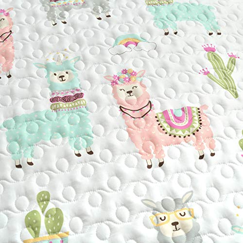 Lush Decor Southwest Llama Cactus Reversible Print 4 Piece Quilt Set, White & Blush, Full/Queen