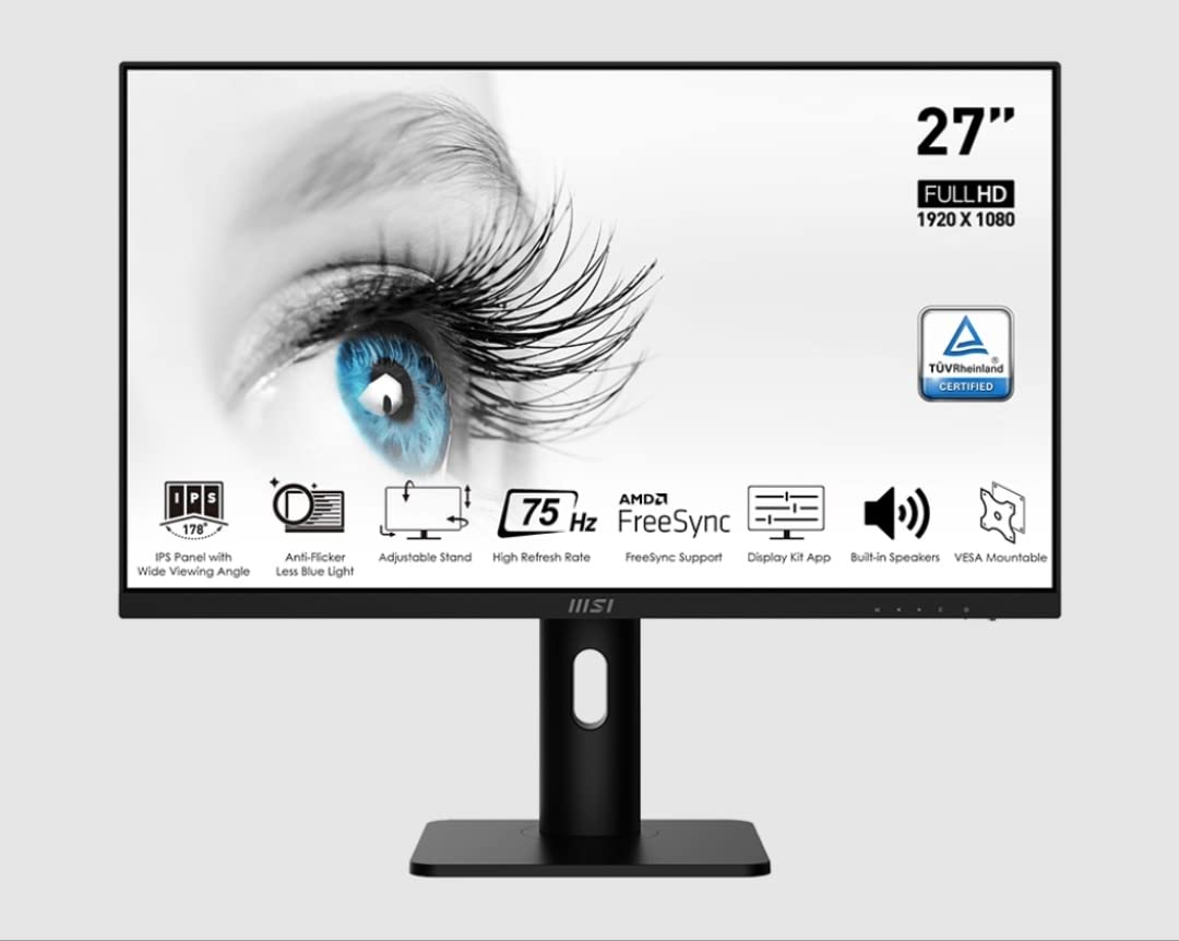 MSI PRO MP273 27" Business Productivity Monitor, FHD 75Hz Anti-glare IPS Display, 5ms (GTG) Response Time, 16.7M Display Colors, FreeSync, 2x 2W Speaker - Black