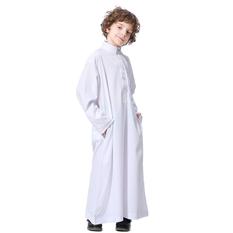 XINNI Long Sleeve Stand Collar Arabic Thobe Islamic Caftan with Pockets for Boy