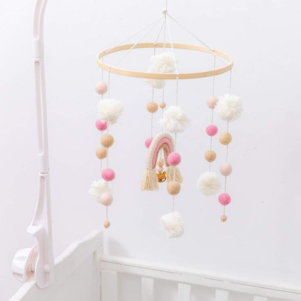 Promise Babe Baby Mobile for Cot,Wooden Rainbow Baby Mobiles Felt Clouds Ball Cot Mobiles Nursery Wooden Crochet Bear Clouds Mobiles Newborn Boy Girl Bed Bell Wind Chimes Nursery Mobiles for Babies