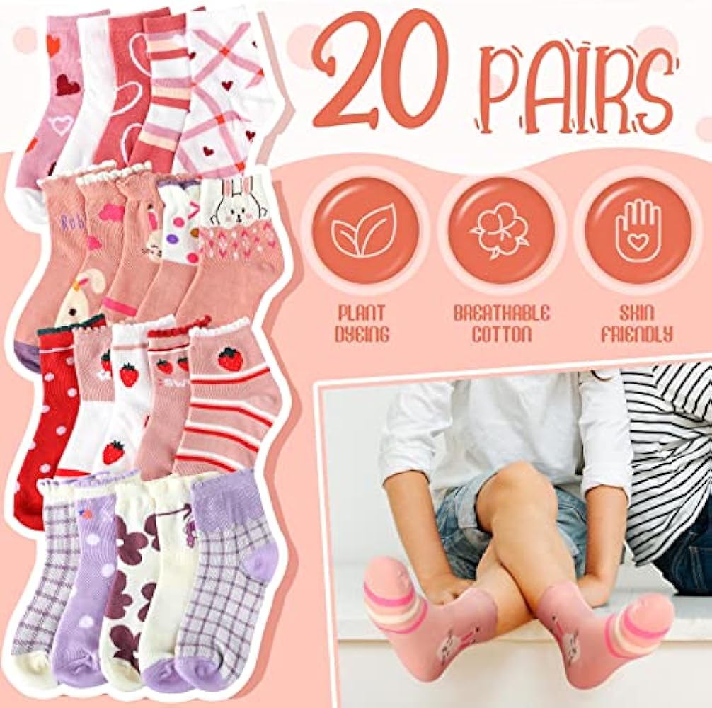 Bencailor 20 Pairs Cartoon Pattern Crew Socks Princess Patterns Ruffle Crew Socks Cotton Cute Socks for Kids Girls